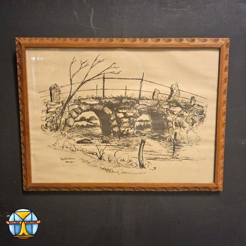 Deense antieke brug (Gejlåbrug/Gejla broen) lithografie, Antiek en Kunst, Kunst | Tekeningen en Fotografie, Ophalen of Verzenden