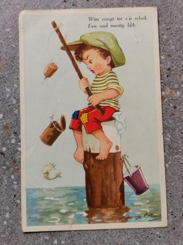 carte postale ancienne enfant avec canne à pêche / pêcheur