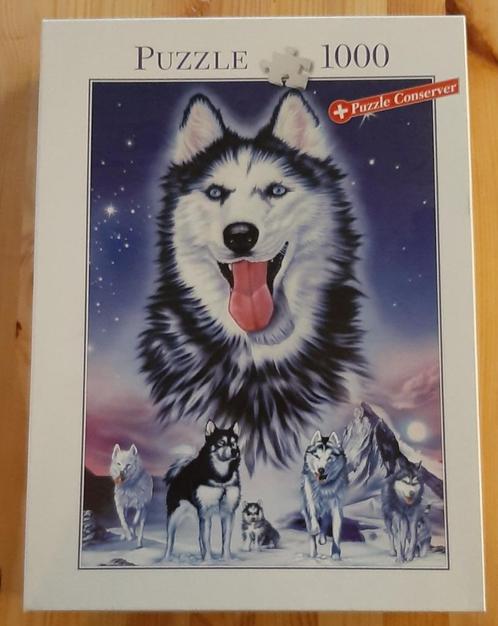 Puzzel Husky in Winterlandschap, Hobby en Vrije tijd, Denksport en Puzzels, Zo goed als nieuw, Legpuzzel, 500 t/m 1500 stukjes
