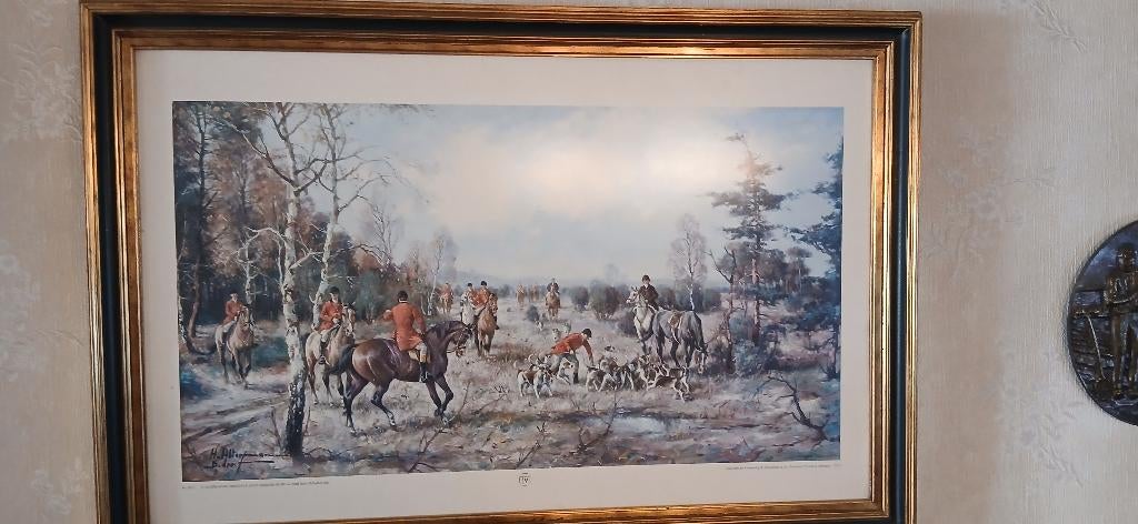 Ets van jachttaffereel, Antiek en Kunst, Ophalen, Ingelijst, 80 cm, 120 cm