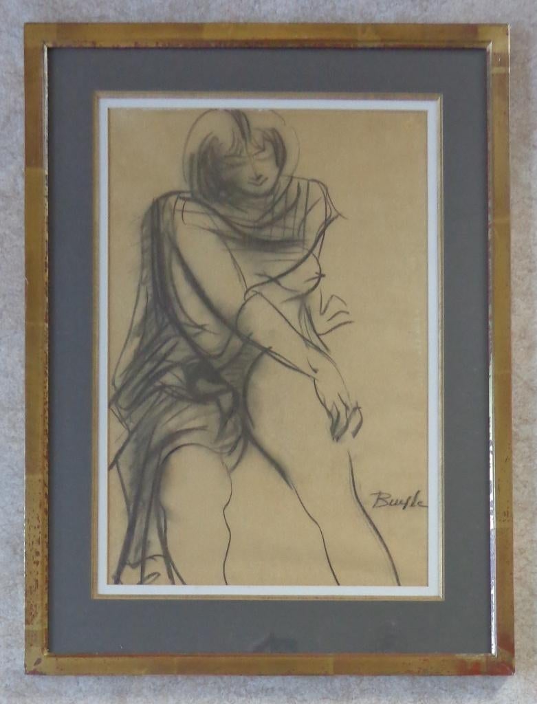 ROBERT BUYLE / ZITTEND NAAKT / ORIGINEEL / 66x49cm / KADER, Enlèvement ou Envoi