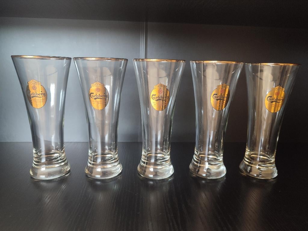 5 Carlsberg bierglazen met gulden embleem, Verzamelen, Ophalen, Gebruikt, Bierglas