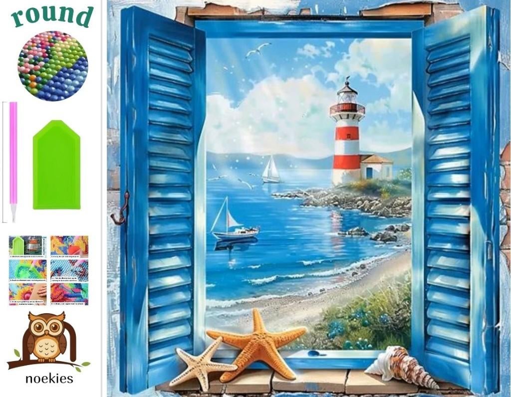 nr 578 Diamond Painting Vuurtoren zeeschelpen 40x40cm (rond), Zee en Strand, Verzenden, Nieuw, Overige materialen