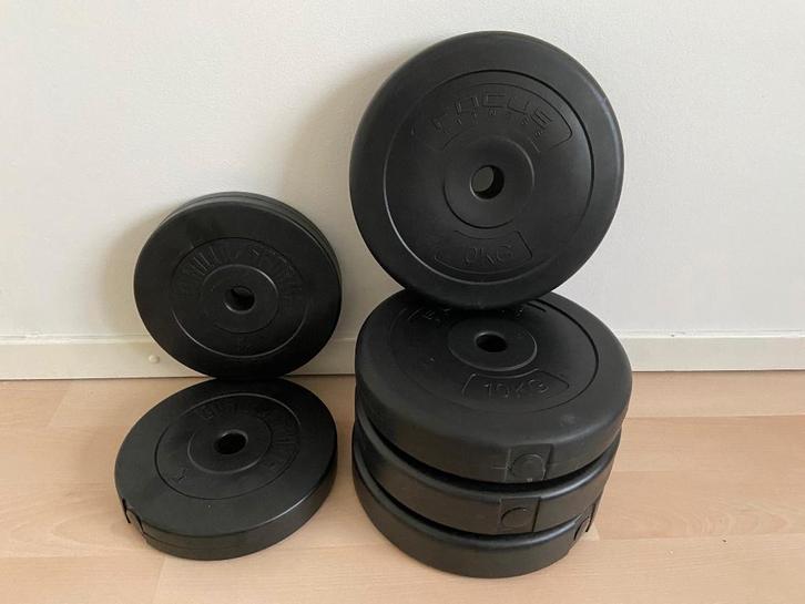 halterschijven 5kg,10kg, Sport en Fitness, Fitnessmaterialen, Zo goed als nieuw, Halterschijven, Armen, Borst, Rug, Ophalen