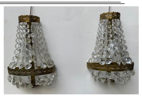 Paar vintage kristallen en koperen wandlampen, Antiek en Kunst, Antiek | Glaswerk en Kristal, Ophalen of Verzenden