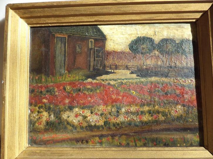 1933 J. Maria Domingos HEVERLEE hoeve tulpenveld olieverf, Antiek en Kunst, Kunst | Schilderijen | Klassiek, Ophalen of Verzenden
