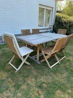 Tafel & 6 stoelen met kussens, Tuin en Terras, Ophalen, Gebruikt, Rechthoekig, Teakhout