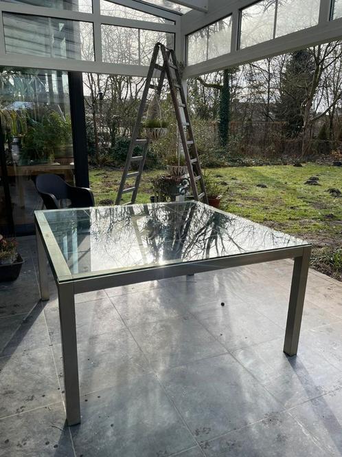 vierkante tafel design glas, Huis en Inrichting, Tafels | Eettafels, Gebruikt, Glas, Ophalen