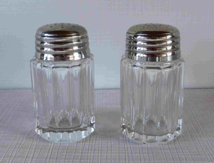 Vintage peper en zout vaatjes, glas (jaren ‘60), Antiek en Kunst, Curiosa en Brocante, Ophalen of Verzenden