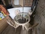 Tafel met glazen blad & 4 stoelen, Huis en Inrichting, Tafels | Eettafels, Ophalen, Gebruikt, Rond, Vier personen