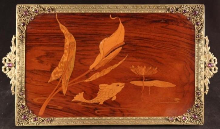 Art nouveau dienblad met ingelegde cabochons, Antiek en Kunst, Antiek | Servies los, Ophalen