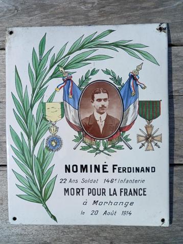 Emaille bord WO1 Ferdinand Nominé Mort Pour La France beschikbaar voor biedingen