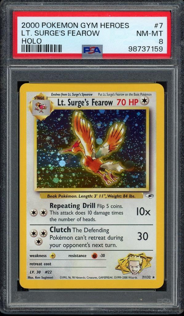 Lt. Surge's Fearow Holo PSA 8- 7/132 Gym Heroes 2000, Hobby en Vrije tijd, Verzamelkaartspellen | Pokémon, Zo goed als nieuw, Losse kaart