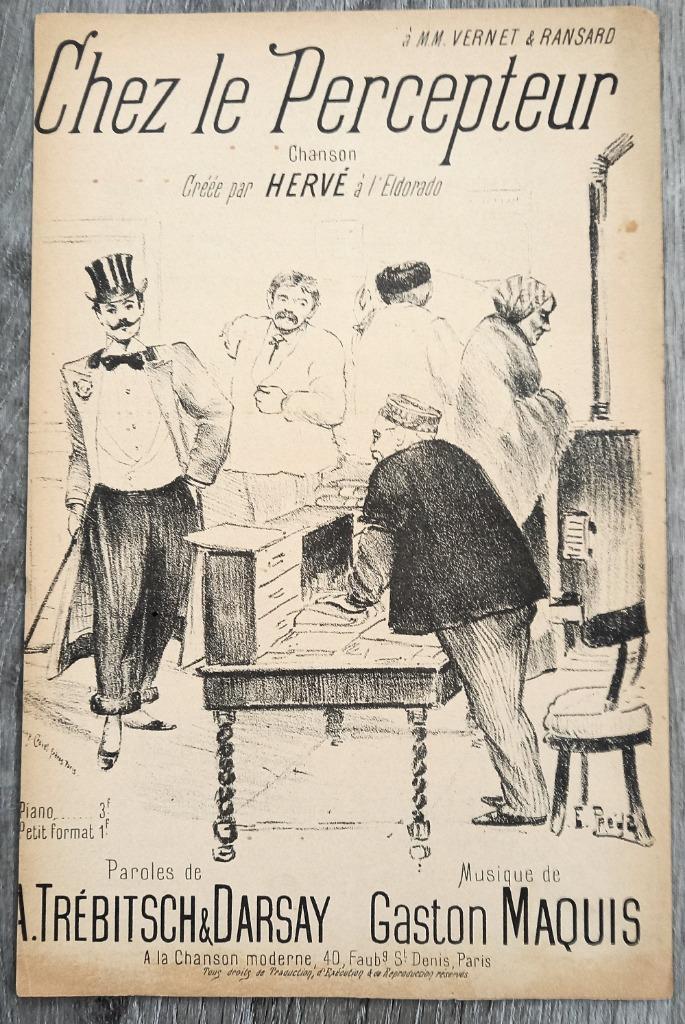 Chez le Percepteur - Bladmuziek fraaie illustratie, Antiek en Kunst, Kunst | Litho's en Zeefdrukken, Ophalen of Verzenden
