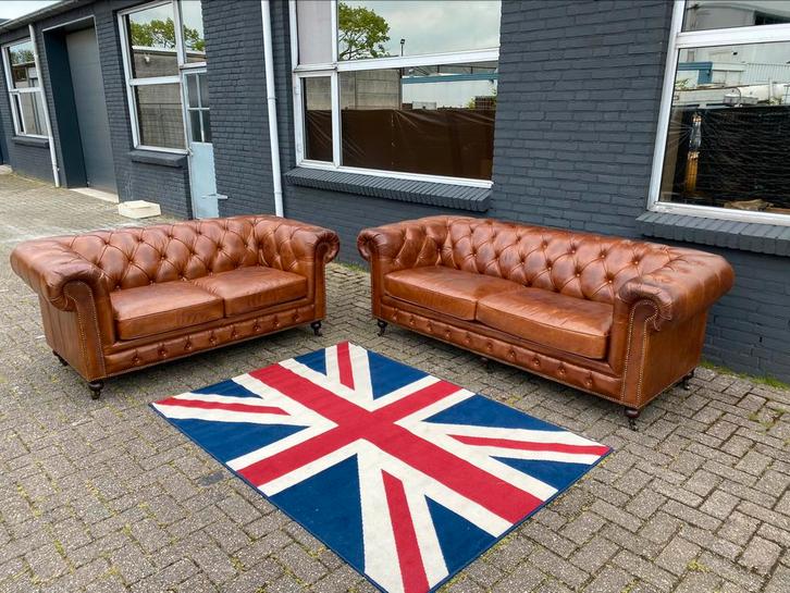 Chesterfield 3+2 zetels vintage cognac GRATIS GELEVERD!, Antiek en Kunst, Antiek | Meubels | Stoelen en Sofa's, Ophalen of Verzenden