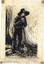 Frans Nackaerts houtsnede op chinees papier "Rustende Spitte, Antiek en Kunst, Kunst | Etsen en Gravures, Ophalen