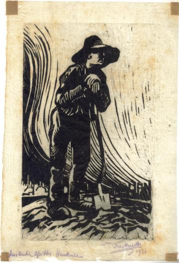 Frans Nackaerts houtsnede op chinees papier "Rustende Spitte, Enlèvement