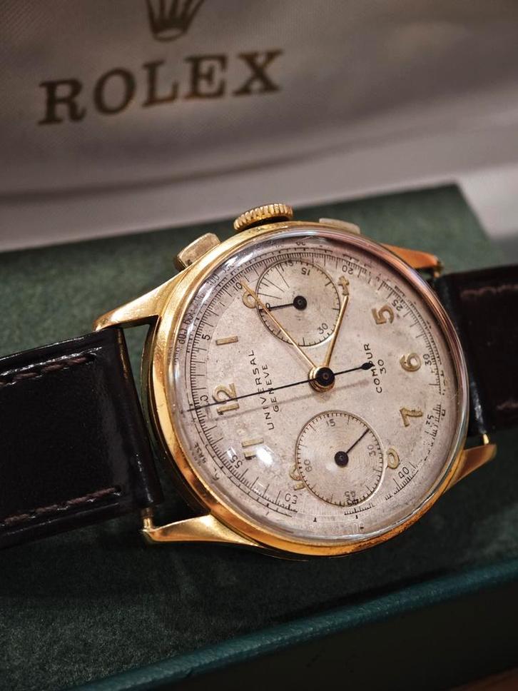 Universal Genève Compur 30 Chronograaf 1938., Handtassen en Accessoires, Horloges | Heren, Gebruikt, Goud, Goud, Ophalen of Verzenden