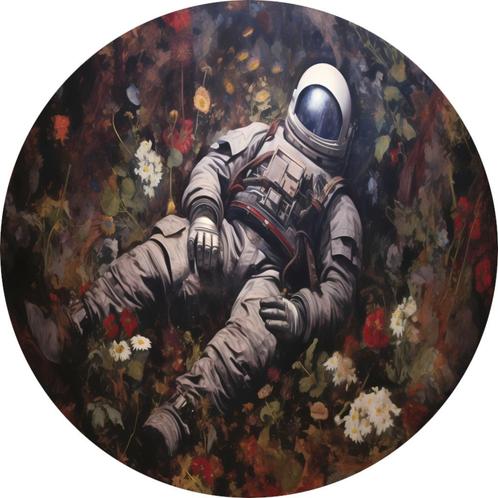 Astronaut op bloemen Muurcirkel 80x80 Dibond + Ophangsysteem, Huis en Inrichting, Woonaccessoires | Wanddecoraties, Nieuw, Verzenden