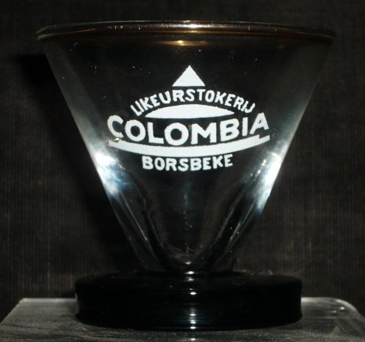 ART DECO LIKEURGLAASJE LIKEURSTOKERIJ COLOMBIA BORSBEKE 1935, Verzamelen, Merken en Reclamevoorwerpen, Zo goed als nieuw, Gebruiksvoorwerp