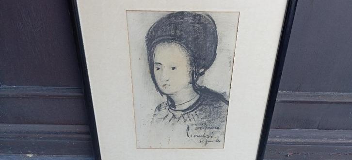 schilderij Koningin Fabiola 1964 gesigneerd, Verzamelen, Koningshuis en Royalty, Gebruikt, Overige typen, Ophalen of Verzenden