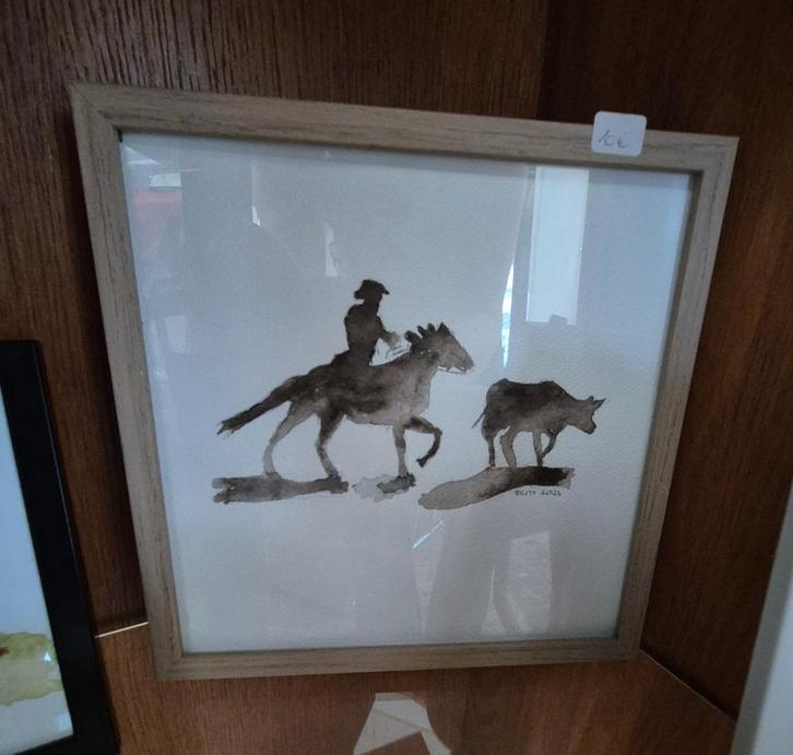 Aquarel paard ruiter rund - Geel - Putte, Antiek en Kunst, Kunst | Schilderijen | Klassiek, Ophalen of Verzenden