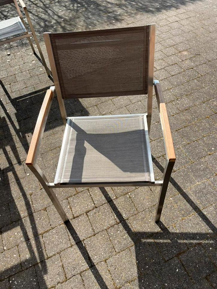 6 Inox tuinstoelen met teak op de zijkant, Jardin & Terrasse, Chaises de jardin, Comme neuf, Empilable, Enlèvement