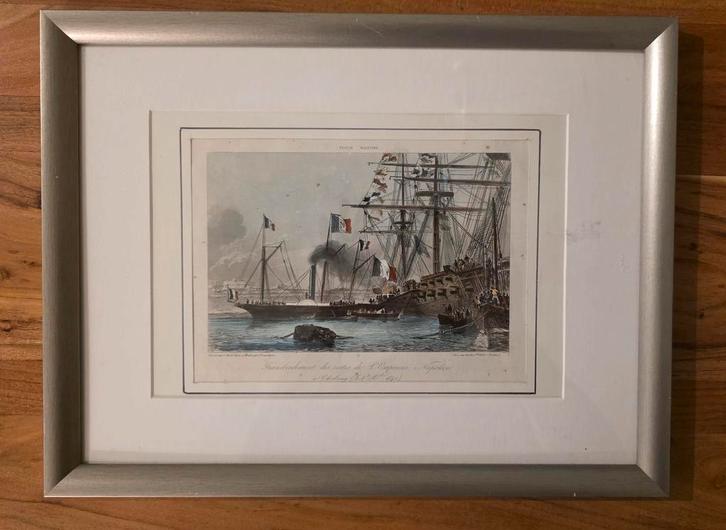 Gravure ancienne "Transport de Napoléon à Cherbourg", Antiek en Kunst, Kunst | Etsen en Gravures, Ophalen of Verzenden