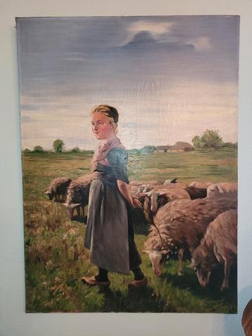 mooi oud schilderij schapenhoedster beschikbaar voor biedingen