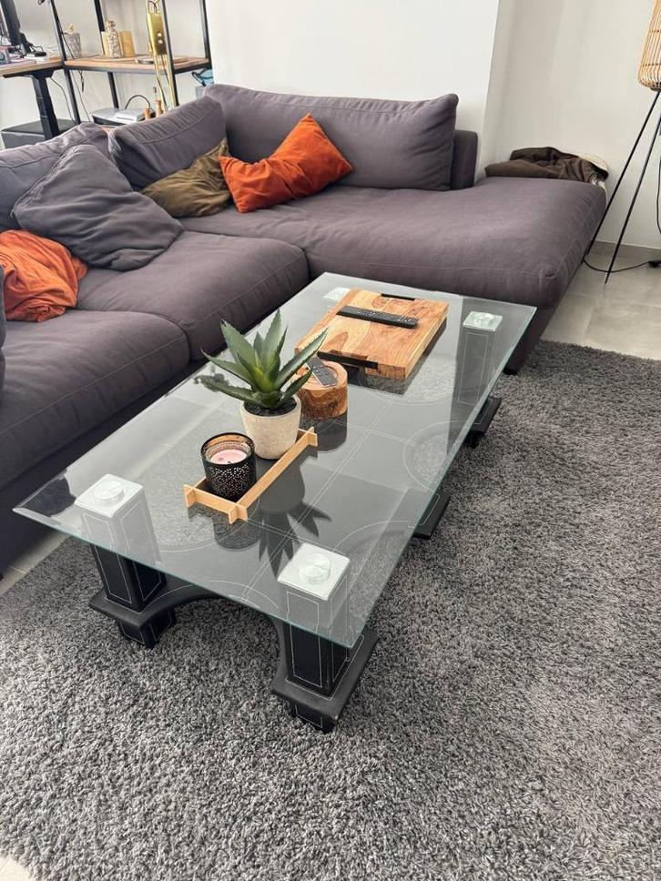 Mooie Salontafel met Glazen Blad & 6 Poefjes, Huis en Inrichting, Tafels | Eettafels, Zo goed als nieuw, Ophalen