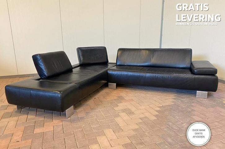 GRATIS LEVERING HEEL BE Montel Zwarte Echt Leer Hoekbank, Huis en Inrichting, Zetels | Zetels, Zo goed als nieuw, Hoekbank, Vierpersoons of meer
