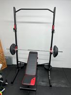 Bench press / squatrek (bank + rek + schijven 80kg + bar), Sport en Fitness, Fitnessmaterialen, Ophalen, Zo goed als nieuw