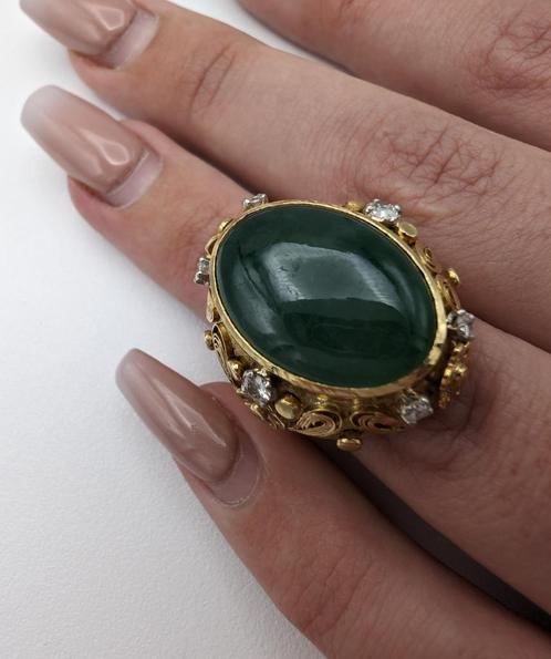 Antieke Jadeite ring 14kt goud en 6 diamanten certificaat b3, Bijoux, Sacs & Beauté, Bijoux anciens, Bague, Or, Avec pierre précieuse