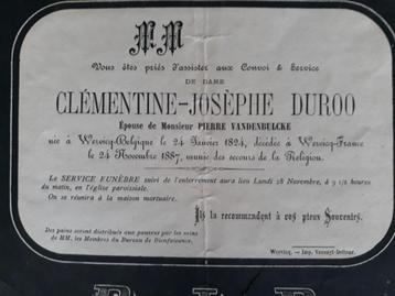 rouwbrief Clémentine Josèphe DUROO  Wervicq Belgique +France, Verzamelen, Ophalen of Verzenden