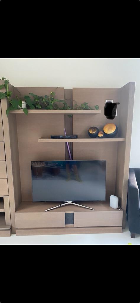 Hoge eiken TV-kast met ingebouwd blauwe natuursteen, Ophalen, Gebruikt