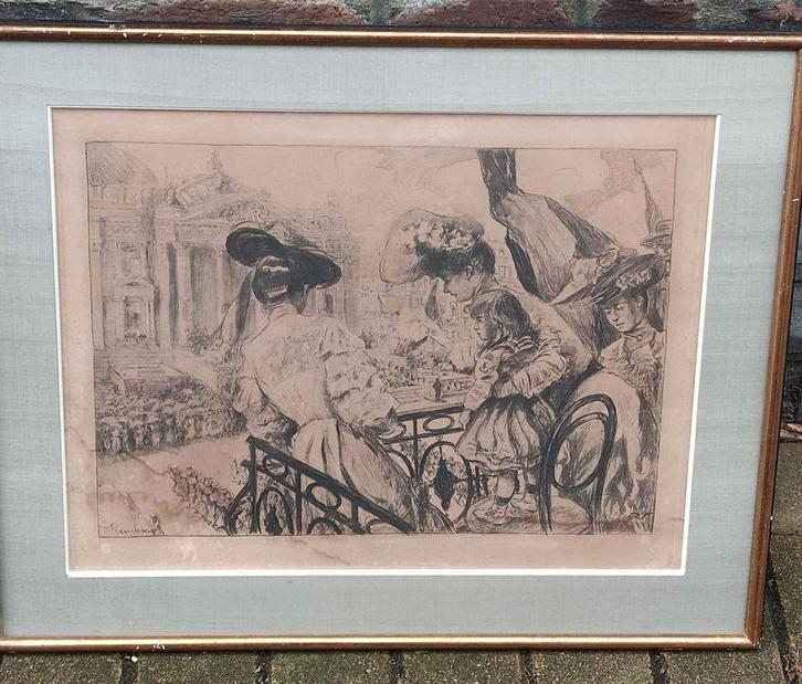 Gravure femme au balcon signe Gustave flasschoen, Antiek en Kunst, Kunst | Etsen en Gravures, Ophalen of Verzenden