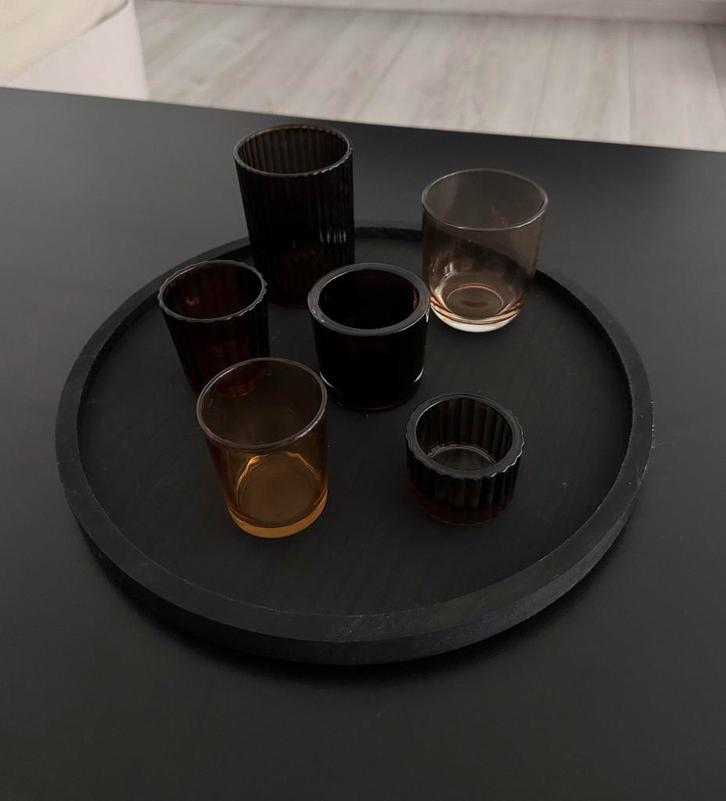 Zwarte plateau met 6 theelichten, Huis en Inrichting, Woonaccessoires | Kandelaars en Kaarsen, Hout, Ophalen