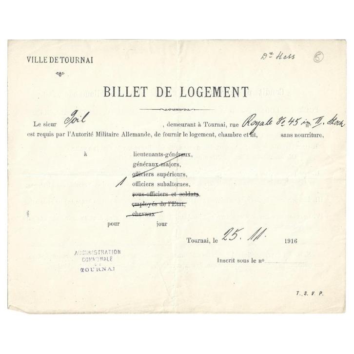 Ville de Tournai - Billet de logement - 1916, Verzamelen, Militaria | Algemeen, Overige soorten, Overige typen, Ophalen of Verzenden