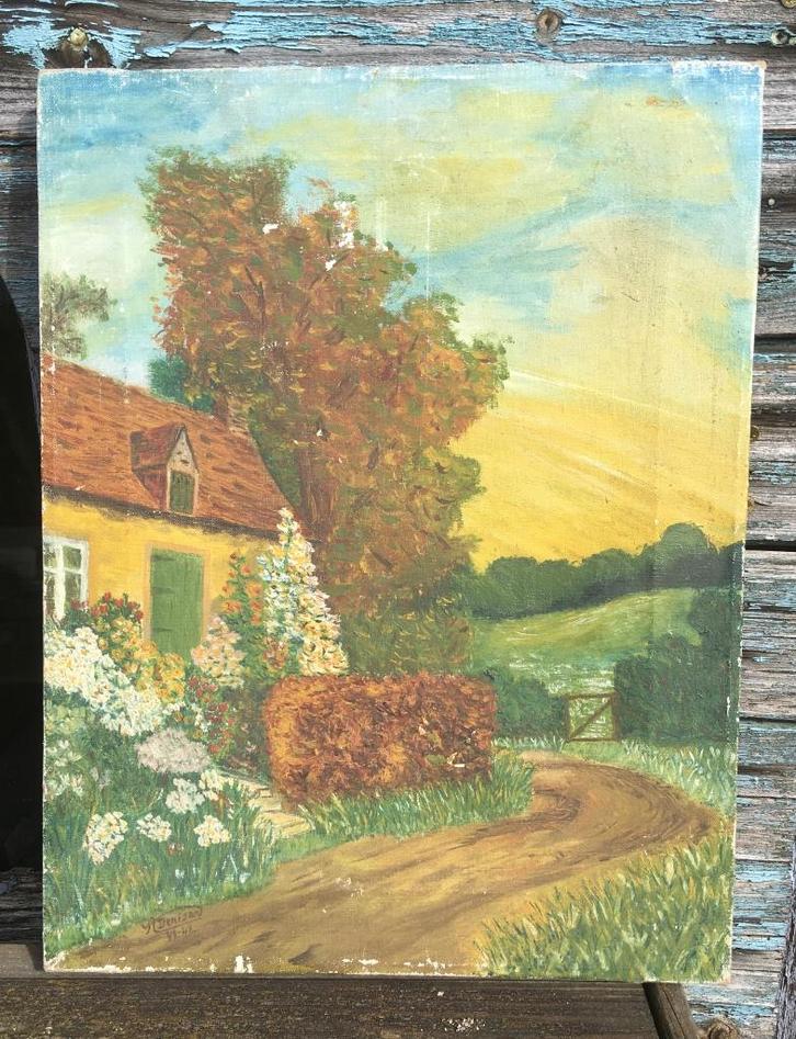 1941 olieverf schilderij Engelse cottage v A.Denison, Antiek en Kunst, Kunst | Schilderijen | Klassiek, Ophalen of Verzenden