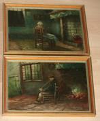 2 Oude schilderijen olie op paneel - Gesigneerd, Antiek en Kunst, Ophalen of Verzenden