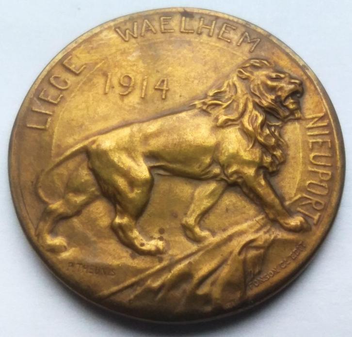 medaille 1914 Theunis LIEGE WAELHEM NIEUPORT legende CAESAR, Postzegels en Munten, Penningen en Medailles, Brons, Ophalen of Verzenden