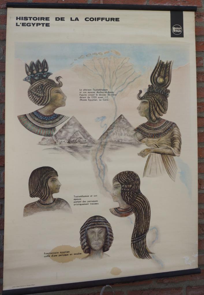 schoolplaat histoire de la coiffure l'egypte uitgave wella, Antiek en Kunst, Antiek | Schoolplaten, Geschiedenis, Ophalen of Verzenden