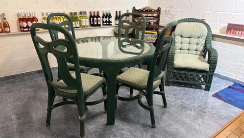 Rotan tafel en 4 stoelen, Huis en Inrichting, Tafels | Eettafels, Gebruikt, 100 tot 150 cm, 100 tot 150 cm, Vier personen, Rond