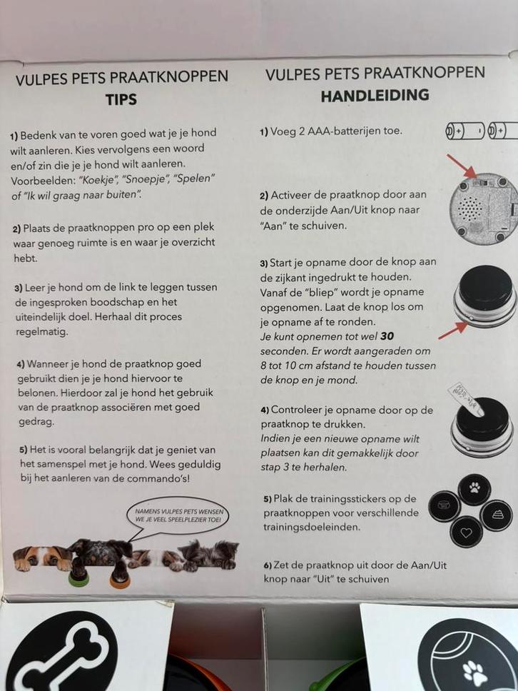 Vulpes goods pets pro praatknop honden 2x 4 knoppen, Animaux & Accessoires, Colliers & Médailles pour chiens, Neuf, Enlèvement