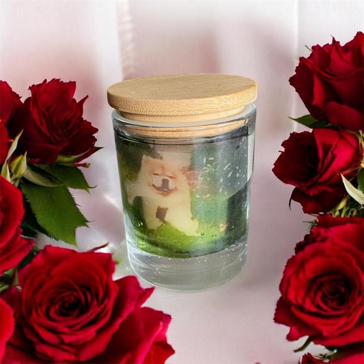 Kaars in glas met eigen foto, Huis en Inrichting, Woonaccessoires | Kandelaars en Kaarsen, Kaars, Wit, Ophalen of Verzenden