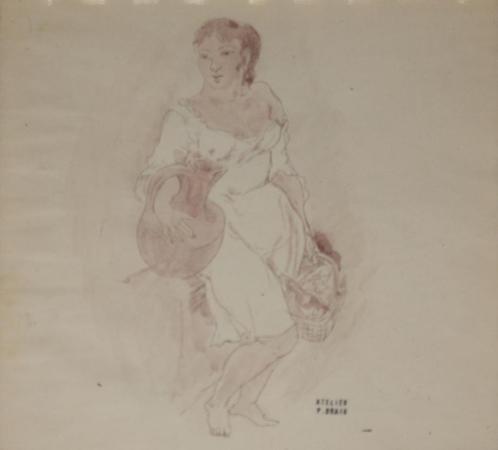 Paul Braig (1906-1972): Vrouw met kruik en mand (32 x 32 cm), Antiek en Kunst, Kunst | Schilderijen | Klassiek, Ophalen of Verzenden