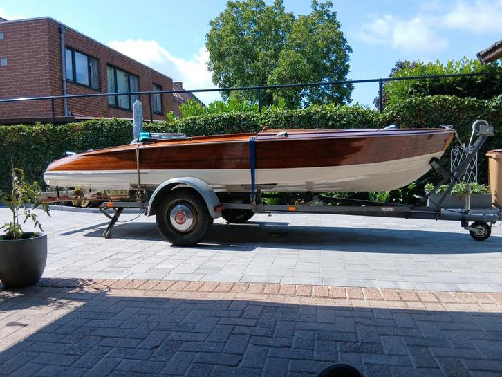 Mahonihouten oldtimer speedboot Trailer inclusief, Watersport en Boten, Speedboten, Gebruikt, 3 tot 6 meter, Benzine, Minder dan 70 pk