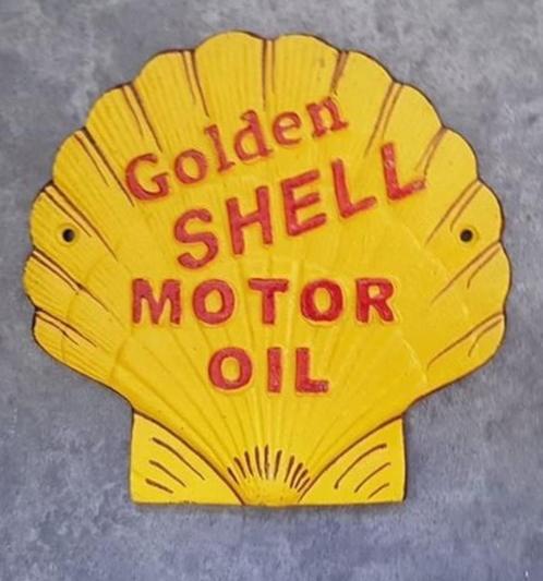 Shell golden motor oil gietijzer reclame bord mancave borden, Collections, Marques & Objets publicitaires, Comme neuf, Panneau publicitaire