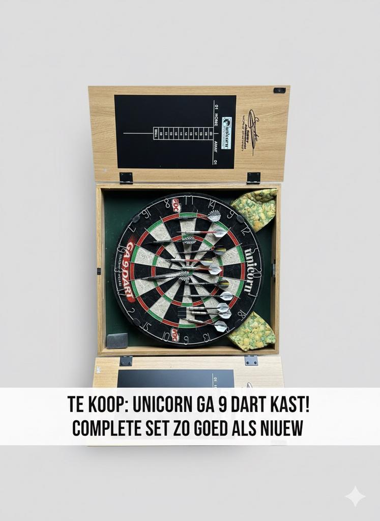 : Mooie Unicorn GA 9 Dartset inclusief kast, Sports & Fitness, Fléchettes, Comme neuf, Cible de fléchettes, Enlèvement