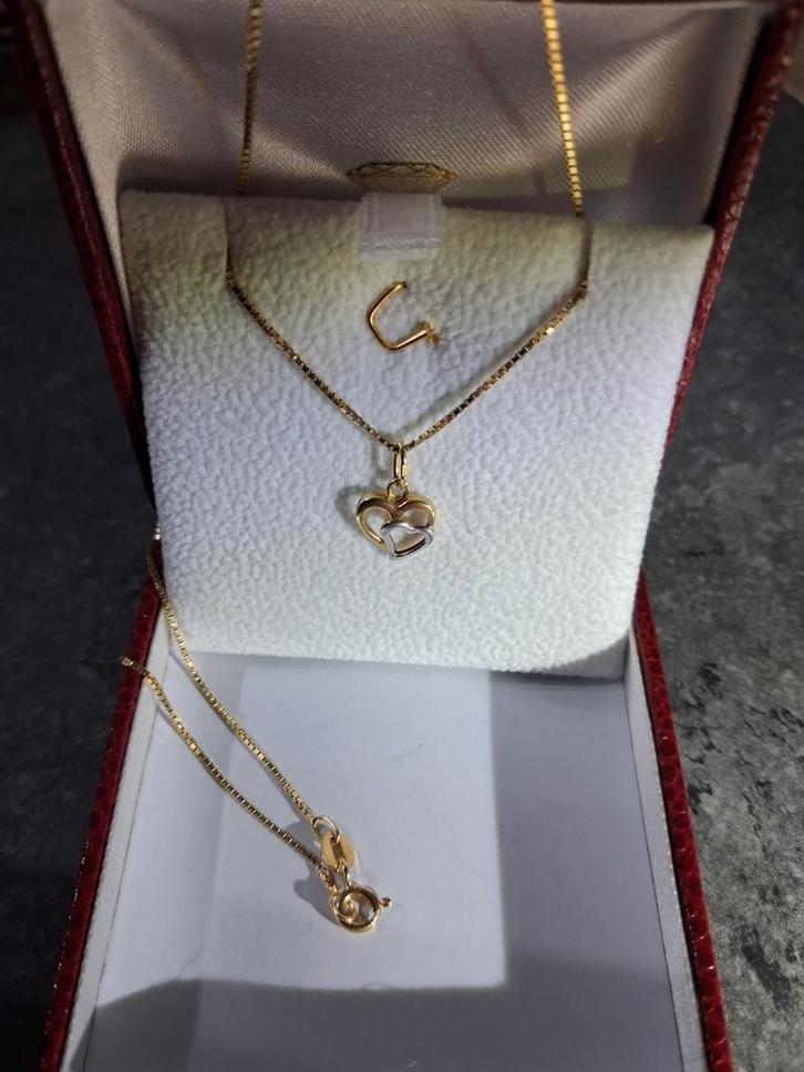 🩷 CHAINE EN OR 18K + COEUR DANS UN COEUR EN OR JAUNE/BLANC., Bijoux, Sacs & Beauté, Colliers, Or, Blanc